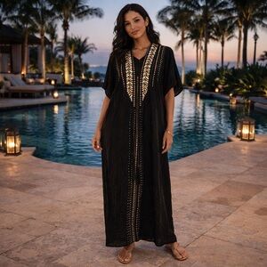 Shahida Parides Black & Gold Long Embellished Kaftan Silk Maxi Dress